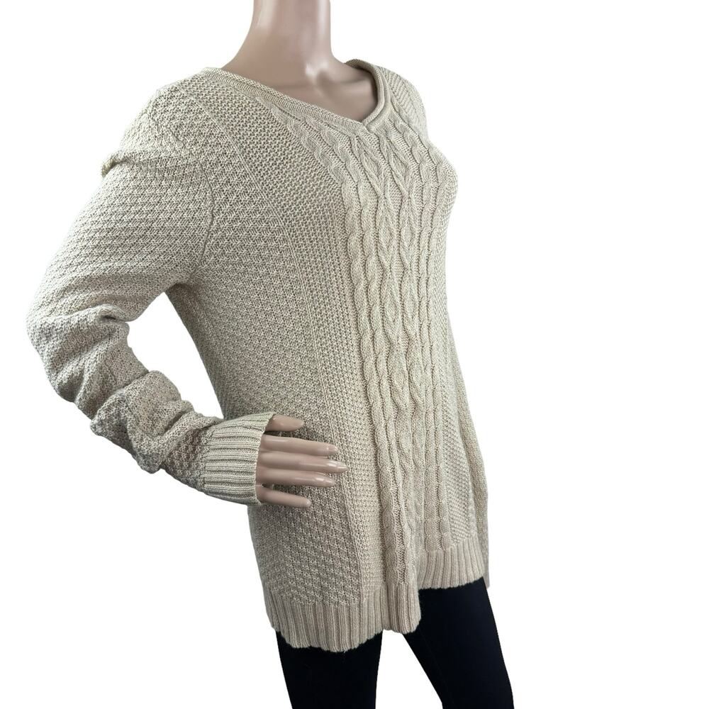 Laura Scott Tan Beige Cable Knit V-Neck Pullover Sweater Cotton Blend Size L